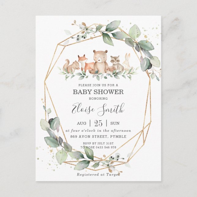 Postal Moda Verdor Woodland Animales Baby Shower Neutral (Anverso)