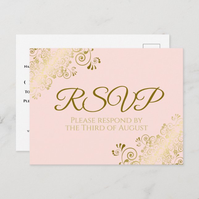Postal Modas de oro en Rubor de boda rosada RSVP (Anverso / Reverso)