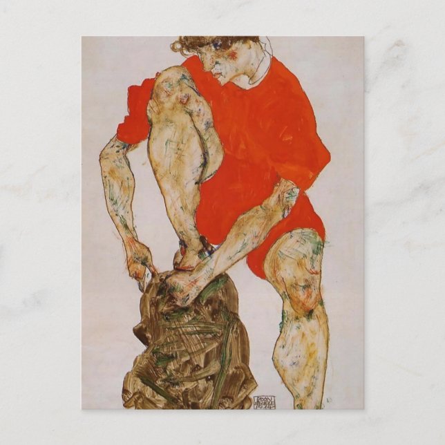 Postal Modelo Egon Schiele-Femenino en Chaqueta Roja y Pa (Anverso)