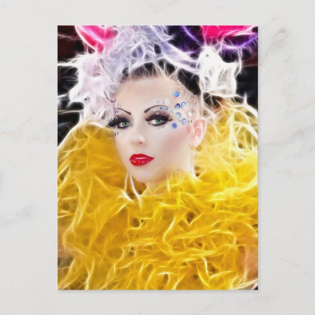 Postal Modelo superestrella en traje amarillo (Anverso)