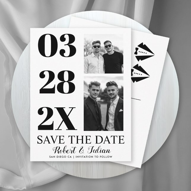 Postal Modern black and white two photo gay Save the Date (Subido por el creador)