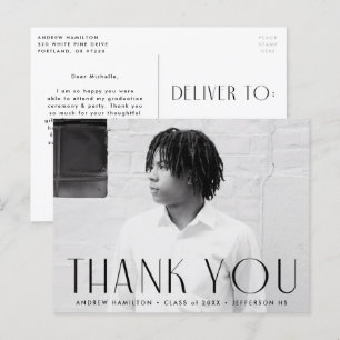 Postal Modern Black Photo Graduation Thank You