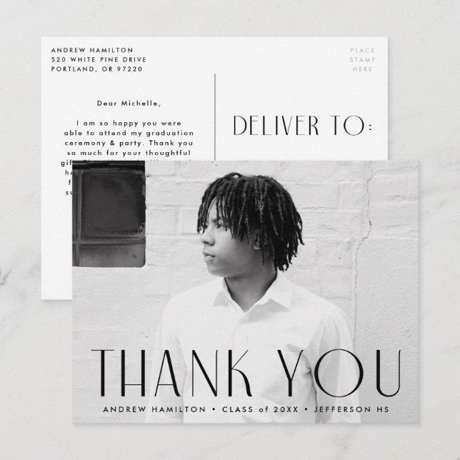 Postal Modern Black Photo Graduation Thank You (Anverso / Reverso)