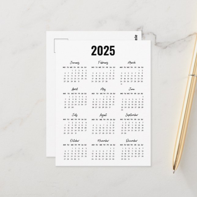 Postal Modern Black White 2025 Calendar Full Year View (Anverso/Reverso In Situ)
