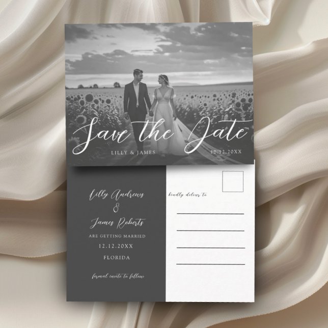 Postal Modern Black & White Photo Save the Date (Subido por el creador)
