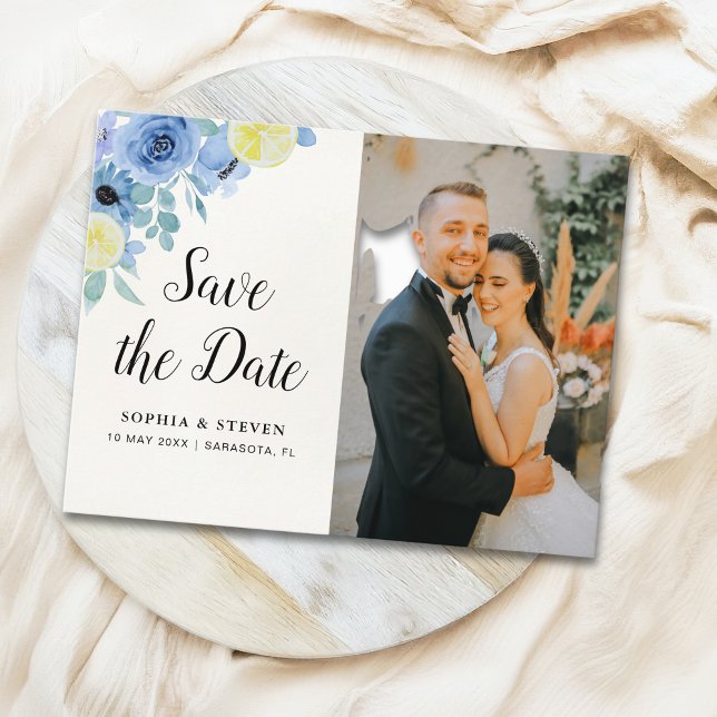 Postal Modern Blue Mediterranean Lemon Wedding (Subido por el creador)