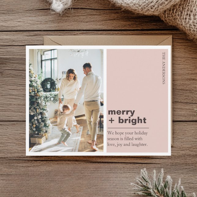 Postal Modern Blush Pink Merry + Bright Christmas Photo  (Subido por el creador)