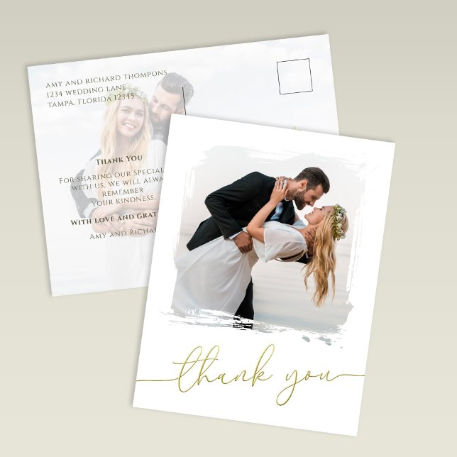 Postal Modern Brush Photo Gold Script Wedding Thank You (Modern wedding thank you card with brush photo overlay and gold script design)