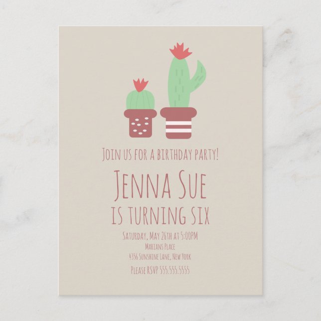 Postal Modern Cactus Potted Plants Birthday Party (Anverso)