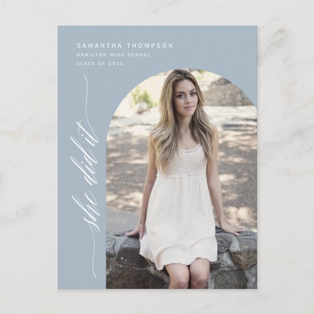Postal Modern Dusty Blue She Did It Graduation Arch Photo (Anverso)