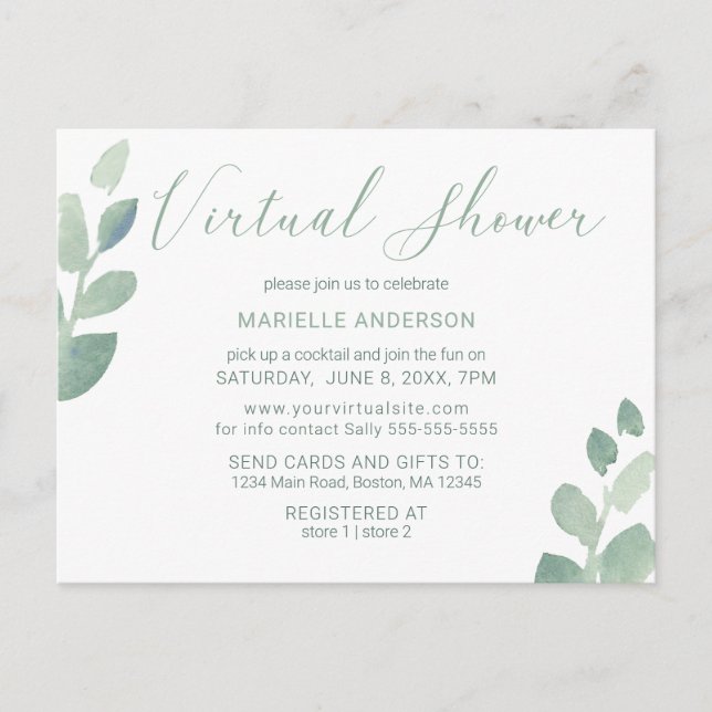Postal Modern Eucalyptus Green Watercolor Virtual Shower (Anverso)