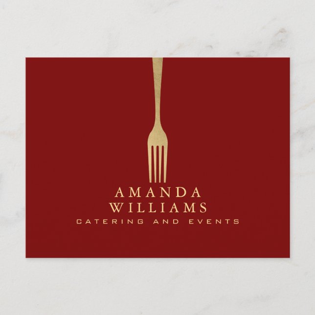 Postal Modern Faux Gold Fork Catering Logo on Red (Anverso)