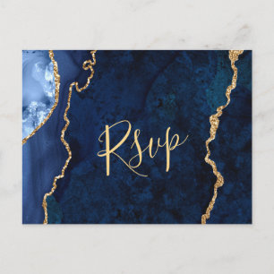 Postal Modern Gold Blue Marble Agate Wedding RSVP