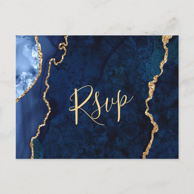 Postal Modern Gold Blue Marble Agate Wedding RSVP (Anverso)