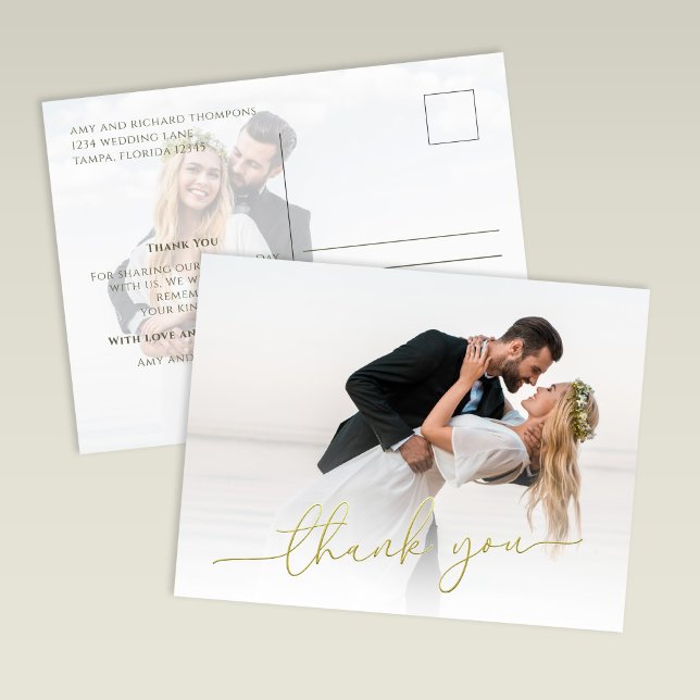 Postal Modern Gold Script Photo Wedding Thank You Card (Modern wedding thank you card with soft photo overlay and gold script text)