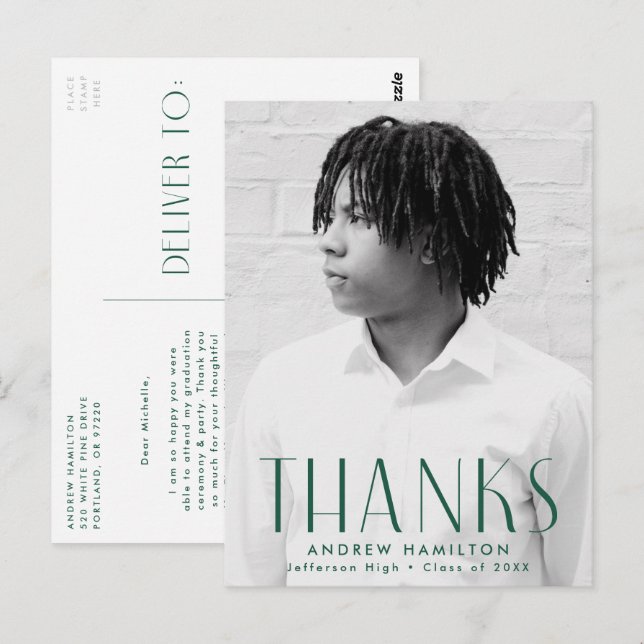 Postal Modern Green Photo Graduation Thank You (Anverso / Reverso)