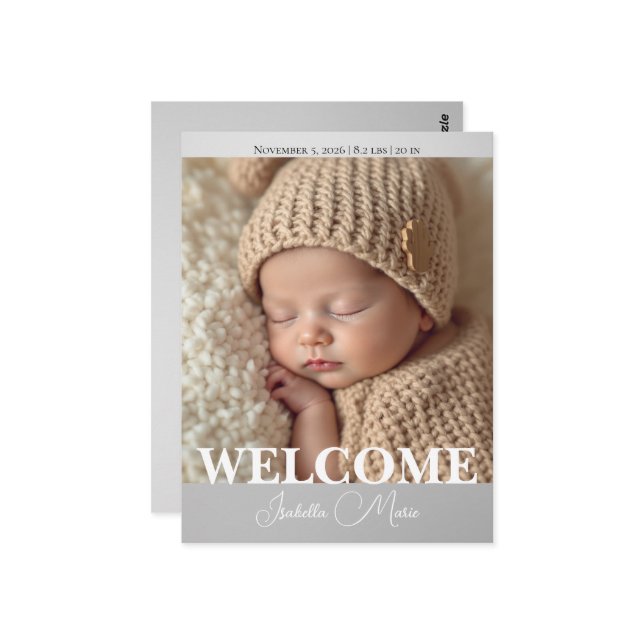 Postal  Modern Grey and White Photo Birth Announcement (Anverso/Reverso In Situ)