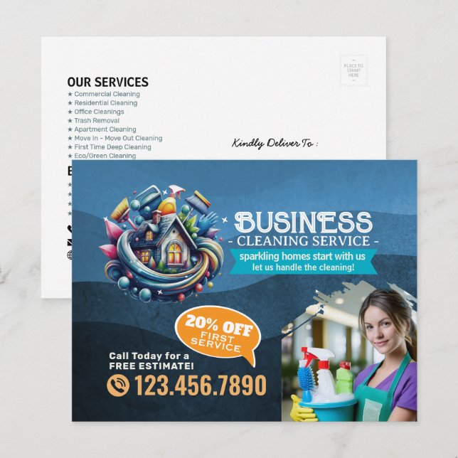 Postal Modern House Cleaning Maid Service Housekeeping (Anverso / Reverso)