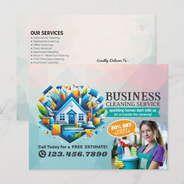 Postal Modern House Cleaning Maid Service Housekeeping (Anverso / Reverso)