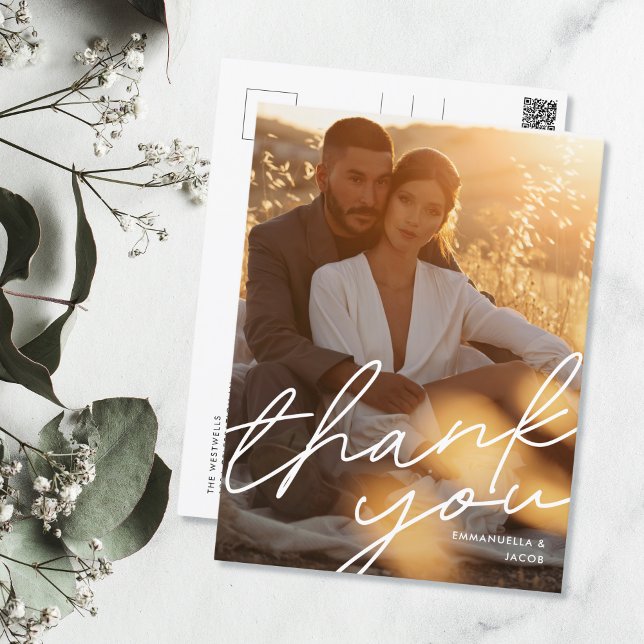 Postal Modern Minimal Script Wedding Photo Thank You Card (Subido por el creador)