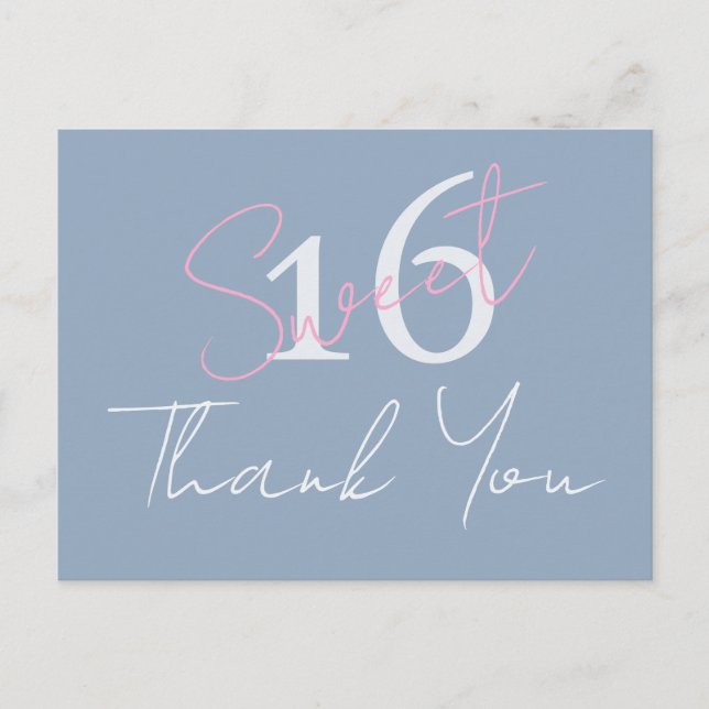 Postal Modern Minimalist Sweet 16th Pink Blue Thankyou (Anverso)