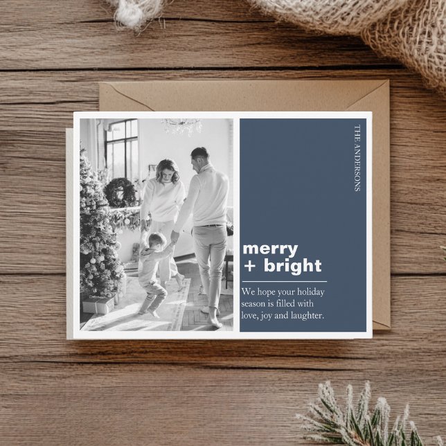 Postal Modern Navy Blue Merry + Bright Christmas Photo  (Subido por el creador)