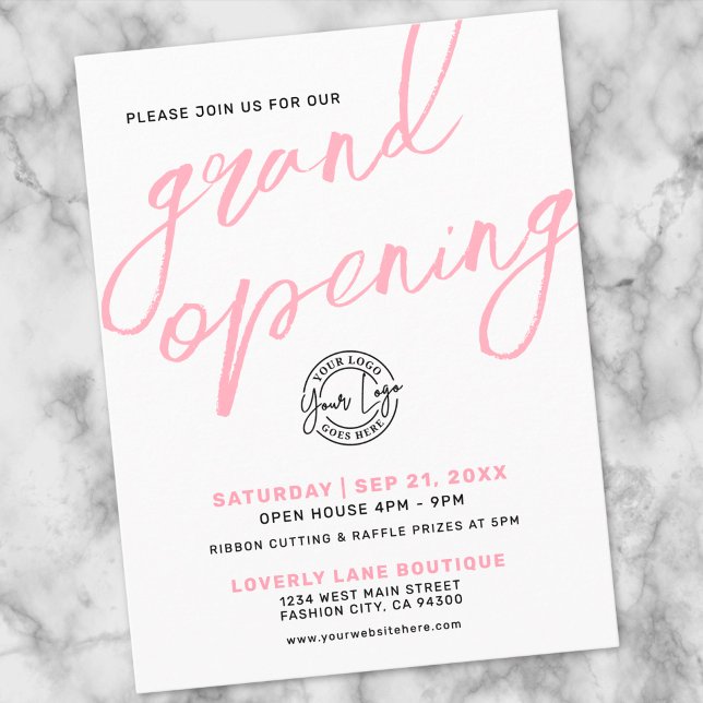Postal Modern Pink Logo Business Grand Opening Invitation (Modern Pink Logo Business Grand Opening Invitation Postcard)