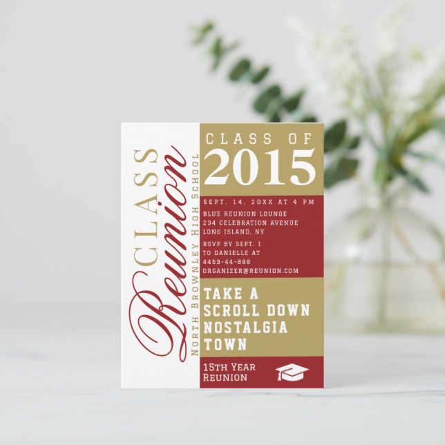 Postal Modern red and tan School Class Reunion Postcard (Anverso de pie)