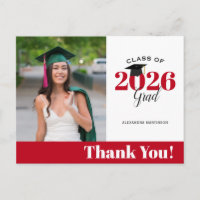 Modern Red and White Photo Graduation Thank You