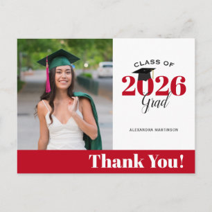Postal Modern Red and White Photo Graduation Thank You