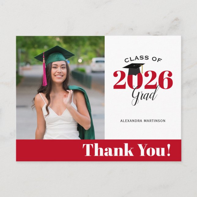 Postal Modern Red and White Photo Graduation Thank You (Anverso)