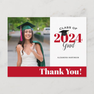 Postal Modern Red and White Photo Graduation Thank You