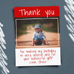 Postal Modern Red Boy Photo Birthday Thank you<br><div class="desc">Modern Red Boy Photo Birthday Thank you Postcard. Modern thank you postcard for kids with a red and white background,  thank you text and your message and name. Personalize with your favorite photo of a birthday girl or boy. Thank your friends and family for their gifts and wishes.</div>