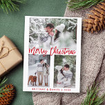 Postal Modern Red Brush Script Merry Christmas Photo<br><div class="desc">Modern Red Brush Script Merry Christmas Photo Postcard</div>