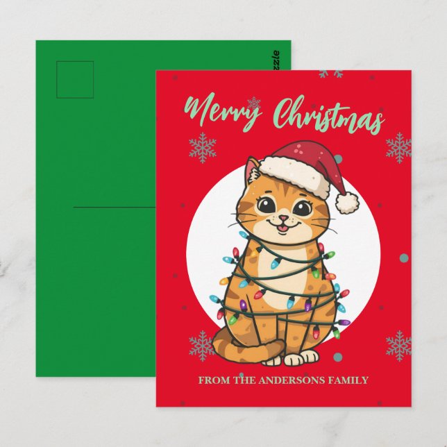 Postal Modern red merry cat snowflake Christmas kitten (Anverso / Reverso)