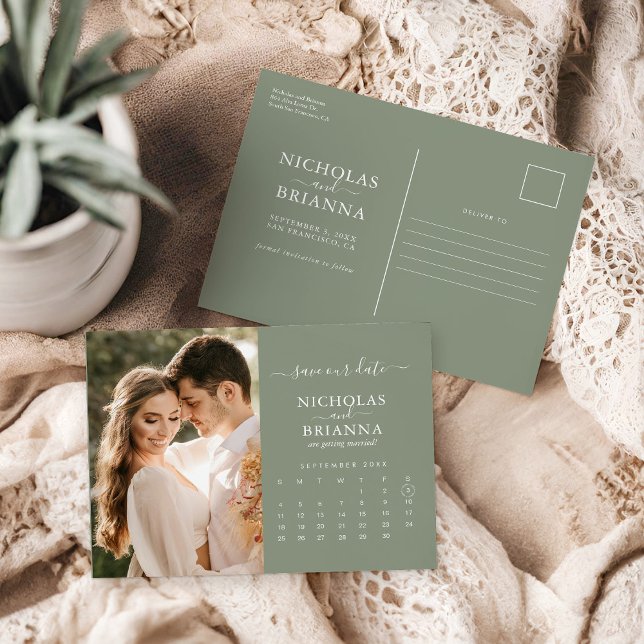 Postal Modern Sage Green Save the Date Photo Calendar (Subido por el creador)
