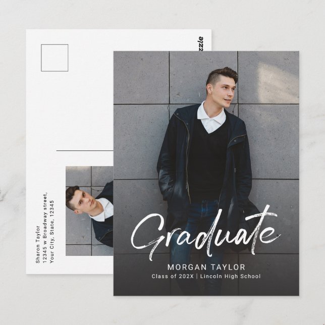 Postal Modern Script Casual Photo Graduation Announcement (Anverso / Reverso)