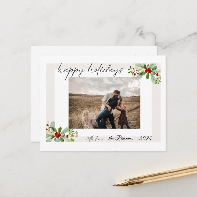 Postal Modern Simple Happy Holidays Family Photo Card (Anverso/Reverso In Situ)