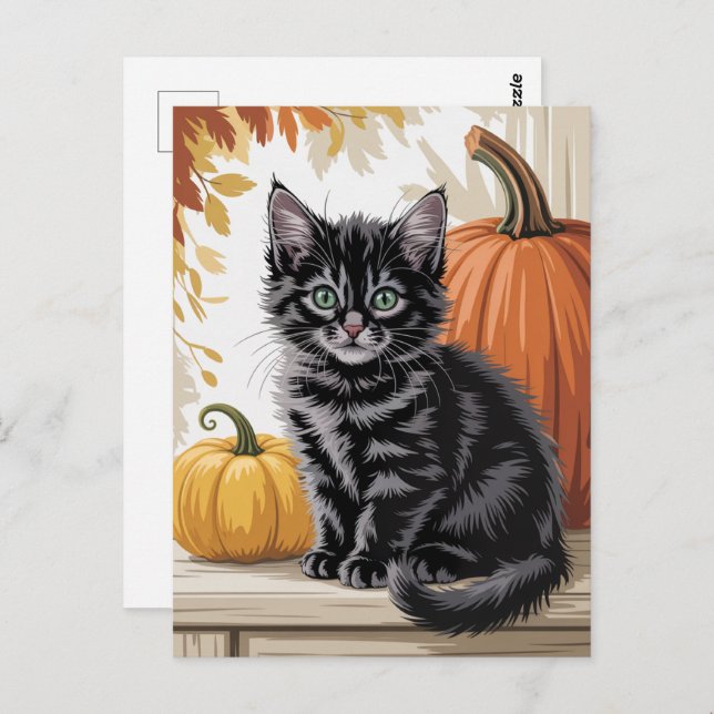 Postal Modern Trendy Halloween Pumpkins and Black Cat  (Anverso / Reverso)