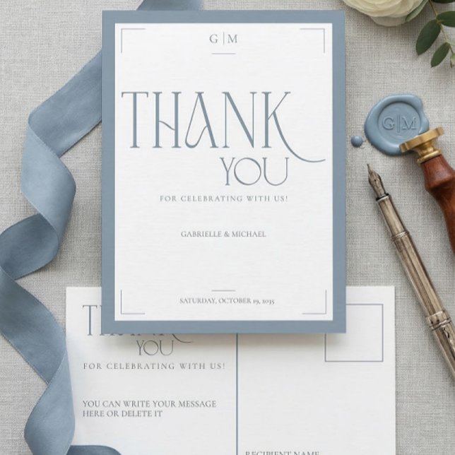 Postal Modern Typography Dusty Blue Wedding Thank You  (Subido por el creador)