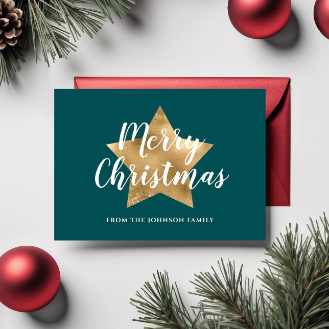 Postal Modern Verde Estrella Dorada Feliz Navidad (Modern Green Gold Star Merry Christmas Postcard)