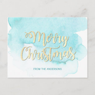 Postal Moderna acuarela de Navidades dorados y azules