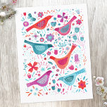 Postal Moderna acuarela floral de aves<br><div class="desc">Aves acuáticas modernas y contemporáneas y flores en un vibrante color verde verde azulado,  rosa magenta y rojo sobre un fondo blanco. Arte original de Nic Squirrell.</div>