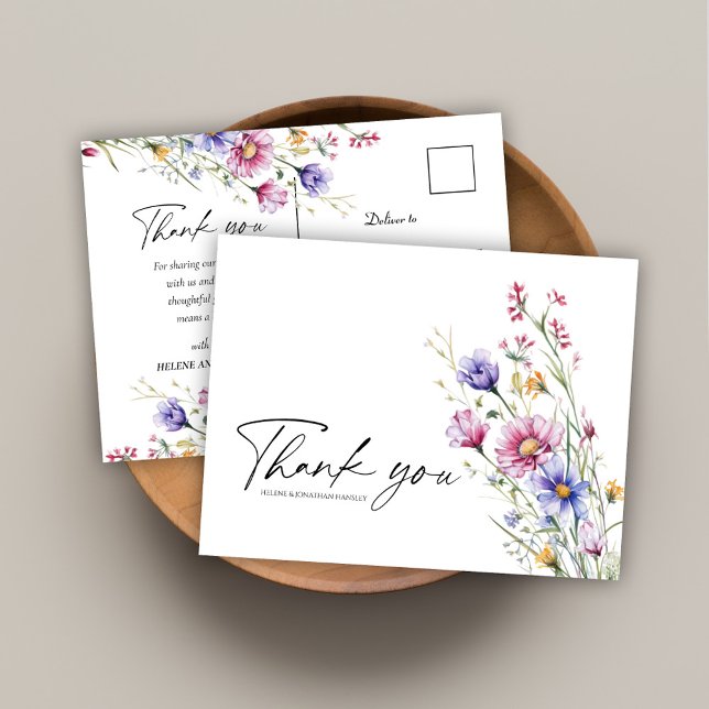 Postal Moderna Boda Floral Floral Elegante Gracias (Modern Wildflower Floral Elegant Wedding Thank You Postcard)