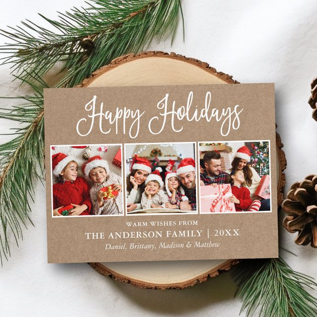 Postal Moderna caligrafía divertida 3 fotos Kraft Holiday (Customize to change your personalized text size or text style.)