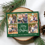 Postal Moderna caligrafía divertida Green 5 Navidades de<br><div class="desc">Moderna caligrafía divertida guión Feliz Navidad 5 tarjeta postal de vacaciones de Collage de fotos - Fondo verde forestal</div>