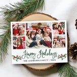 Postal Moderna caligrafía divertida Holly 5 vacaciones fo<br><div class="desc">Moderna caligrafía de diversión guión 5 Collage de fotos de la familia de fotos Feliz feriado postal incluye Navidades de acuarela Holly Berries - Guión verde</div>