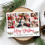 Postal Moderna caligrafía divertida Navidades rojos Holly<br><div class="desc">Moderna caligrafía de diversión guión 5 Collage de fotos de la familia de fotos Merry Christmas Postcard incluye Navidades de acuarela Holly Berries - Guión rojo</div>