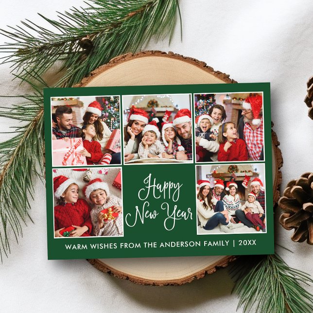 Postal Moderna caligrafía divertida verde 5 foto Año nuev (Customize to change your personalized text size or text style.)