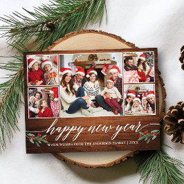 Postal Moderna caligrafía Madera 5 Fotografía Feliz Año N